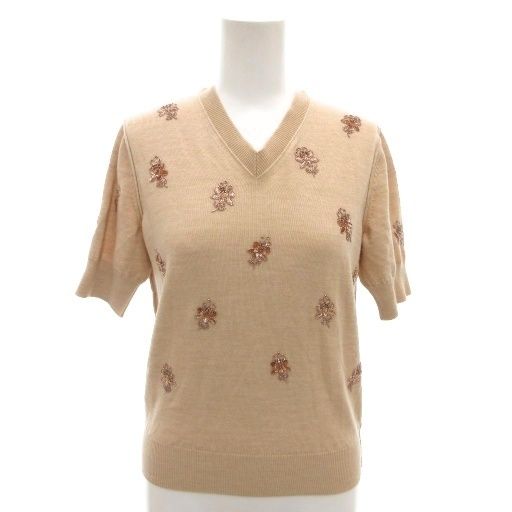 Fendi Knit Sweater Back Ribbon Short Sleeve Beige Floral Bead Embroidery
