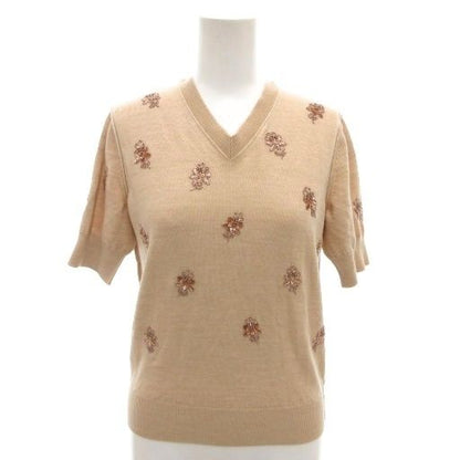 Fendi Knit Sweater Back Ribbon Short Sleeve Beige Floral Bead Embroidery