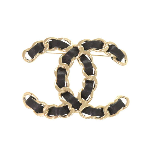 Chanel CC Logo Chain Motif Brooch Leather Black