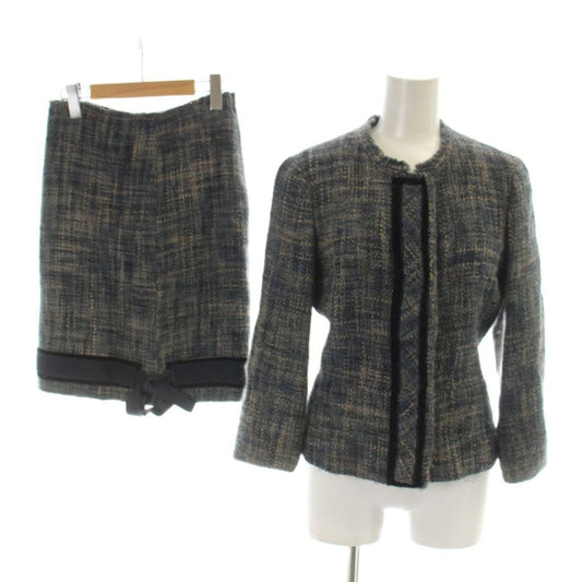 Prada Set Wool Jacket 38 Skirt 36 Blue Gray Tweed Long Sleeve AP