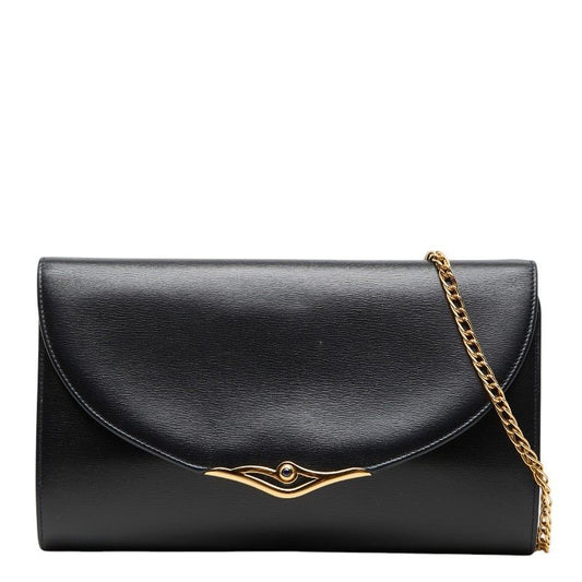Cartier Vintage Sapphire Line Chain Shoulder Bag Black Leather