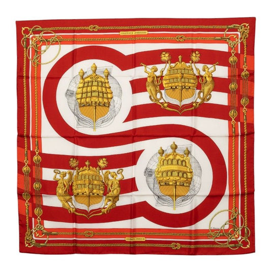 Hermes Carre 90 Chateaux D'arriere Scarf Red Silk