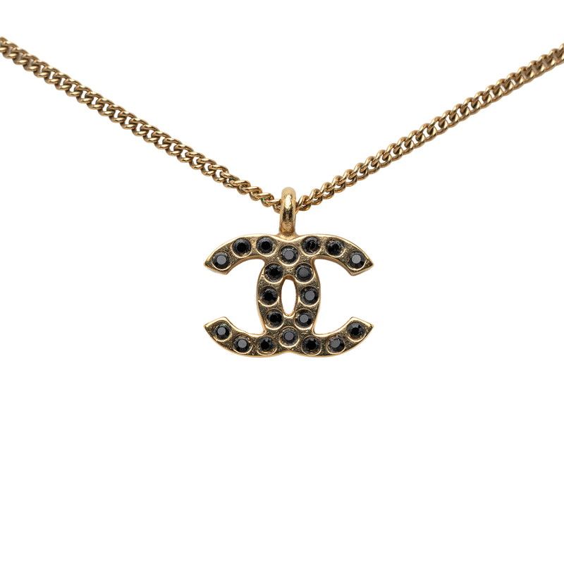 Chanel 01A CC Logo Necklace Gold Black Plated