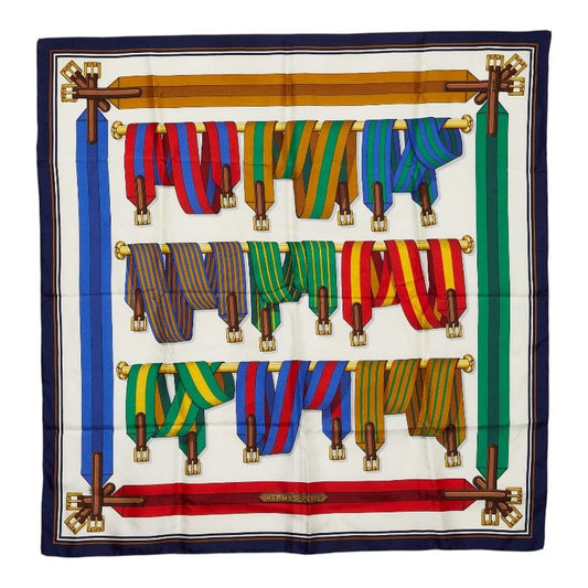 Hermes Carre 90 les Sangles Suspender Belt Scarf White Multicolor Silk