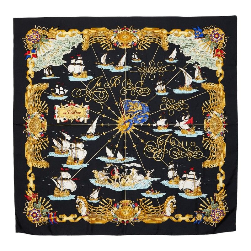 Hermes Carre 90 Voiles de Lumiere Sailing Ship of Light Scarf Black Multicolor