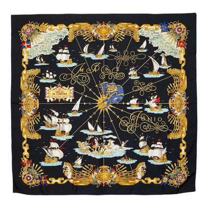 Hermes Carre 90 Voiles de Lumiere Sailing Ship of Light Scarf Black Multicolor