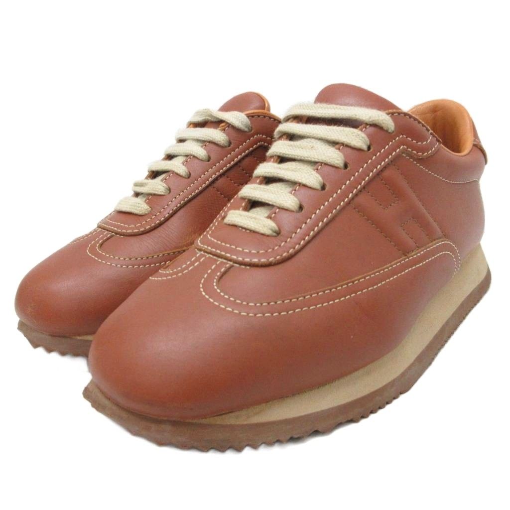Hermes Quick Sneakers Logo Shoes Low-Cut Leather Brown 36.5