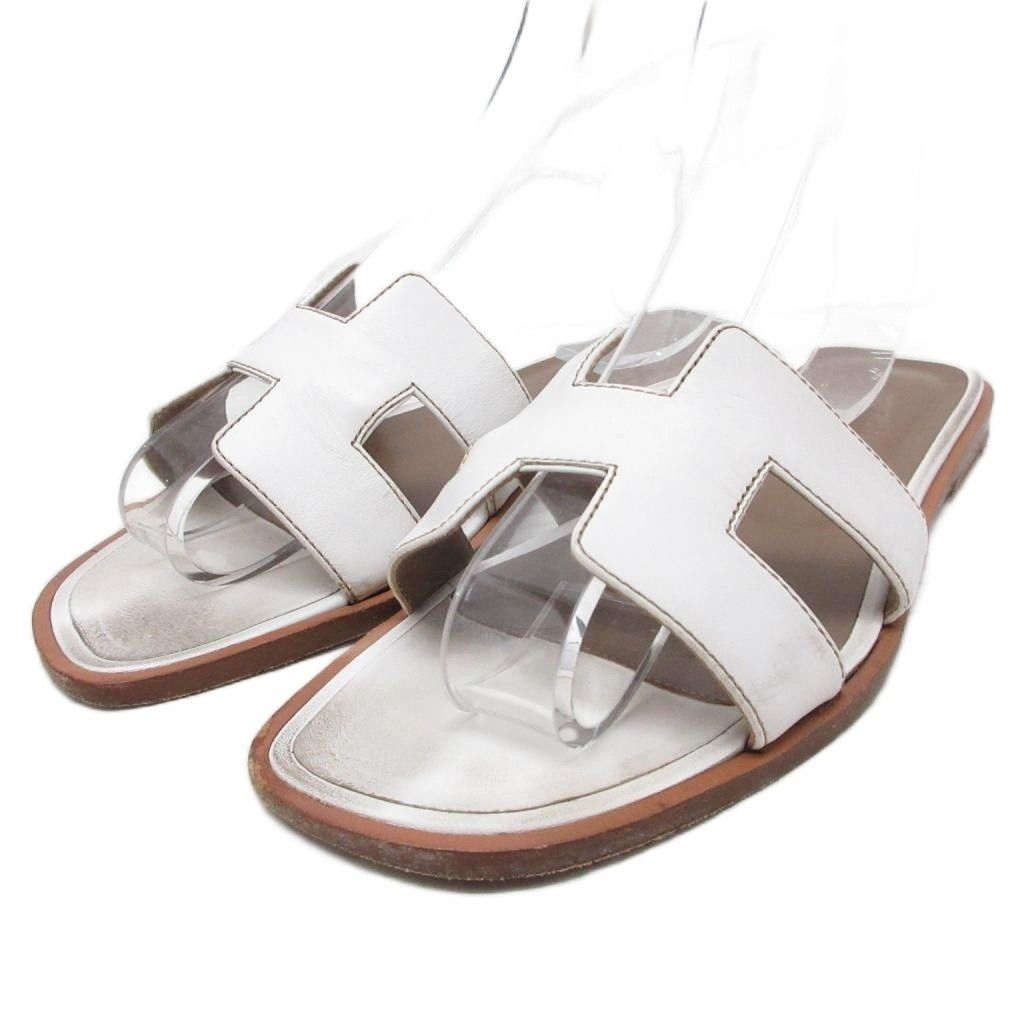 Hermes Oran Sandals Logo Leather White 36