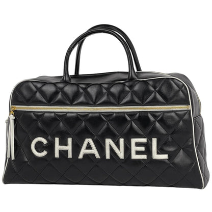 Chanel Boston Bag Quilted Leather Black White
