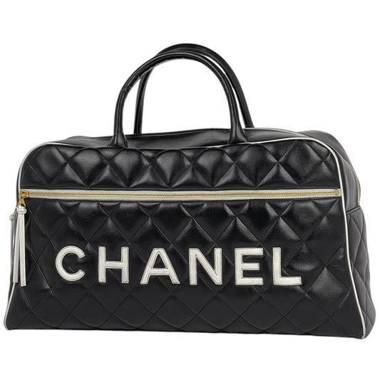 Chanel Boston Bag Quilted Leather Black White