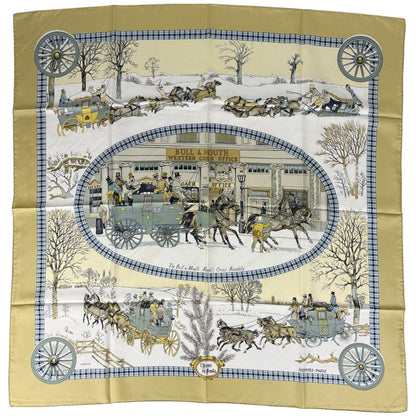 Hermes Carre 90 Lhiver en Poste Scarf Winter Mail Carriage Silk White Multicolor