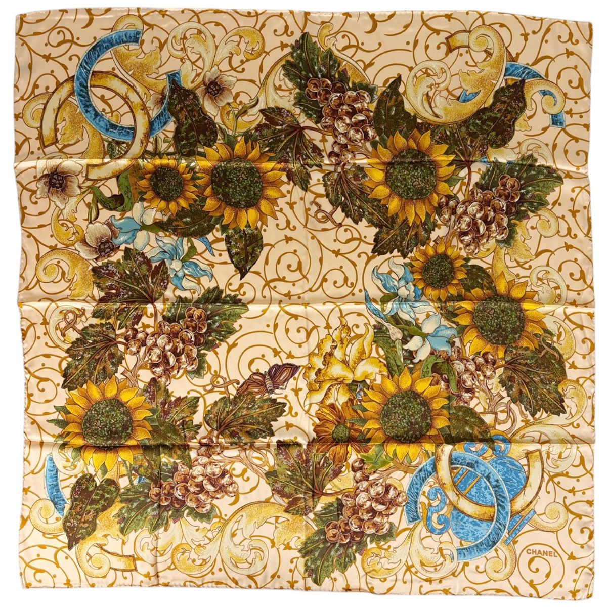 Chanel Scarf CC Logo Sunflower Silk Beige Multicolor