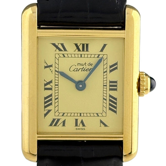 Cartier Must Tank SM Vermeil Watch 925 Sterling Silver Leather Quartz Yellow