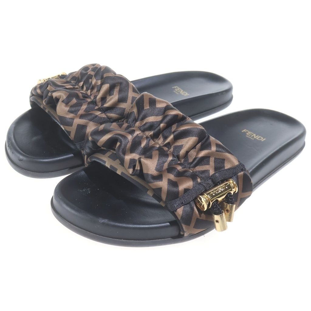 Fendi Zucca Flat Sandals Shoes Black Brown