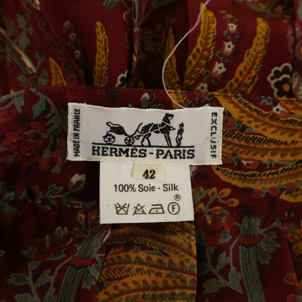 Hermes Pleated Skirt Paisley Pattern Silk Red 42 — view 8