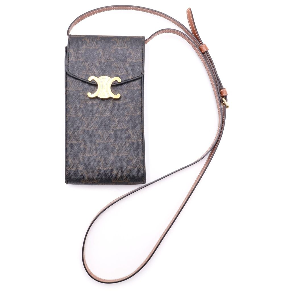 Celine Triomphe Leather Gold Phone Pouch Mobile Shoulder Bag Brown
