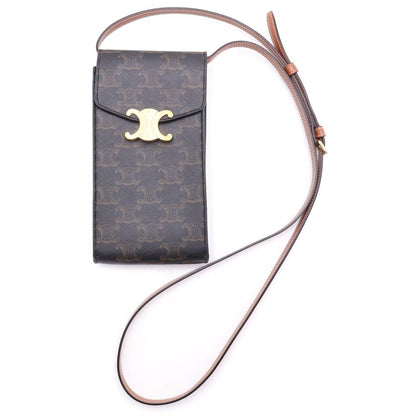 Celine Triomphe Leather Gold Phone Pouch Mobile Shoulder Bag Brown