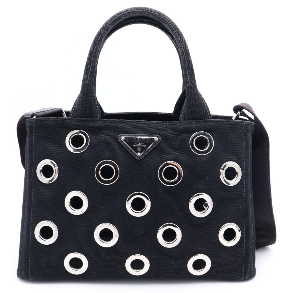 Prada Canapa Perforated 2-Way Shoulder Bag Black Canvas Silver