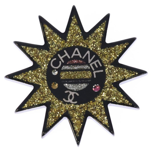 Chanel Sun Motif Rhinestone Brooch Pin Badge Black Yellow Resin Strass