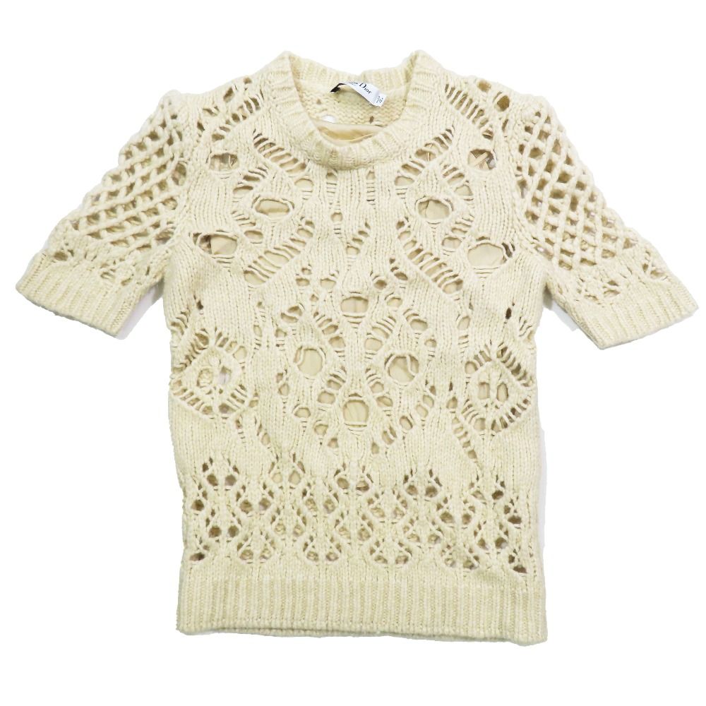 Dior Wool Camel Short Sleeve Crochet Knit Sweater 40 Ivory — view 2