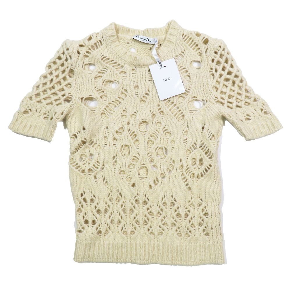 Dior Wool Camel Short Sleeve Crochet Knit Sweater 40 Ivory