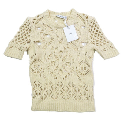 Dior Wool Camel Short Sleeve Crochet Knit Sweater 40 Ivory
