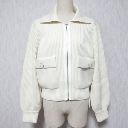 Hermes Pearl Knitted Rib Knit Zip Jacket 38 Off White
