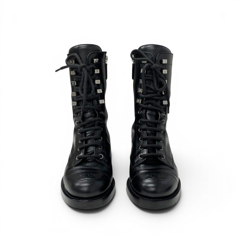 Chanel Boots Short Shoes Leather Black Silver CC Logo Lace — view 2