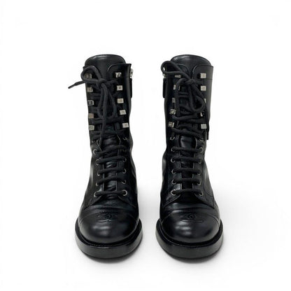 Chanel Boots Short Shoes Leather Black Silver CC Logo Lace — view 2