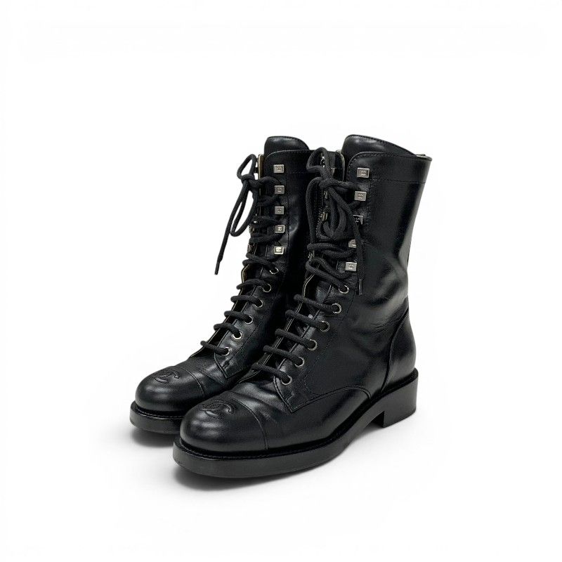 Chanel Boots Short Shoes Leather Black Silver CC Logo Lace