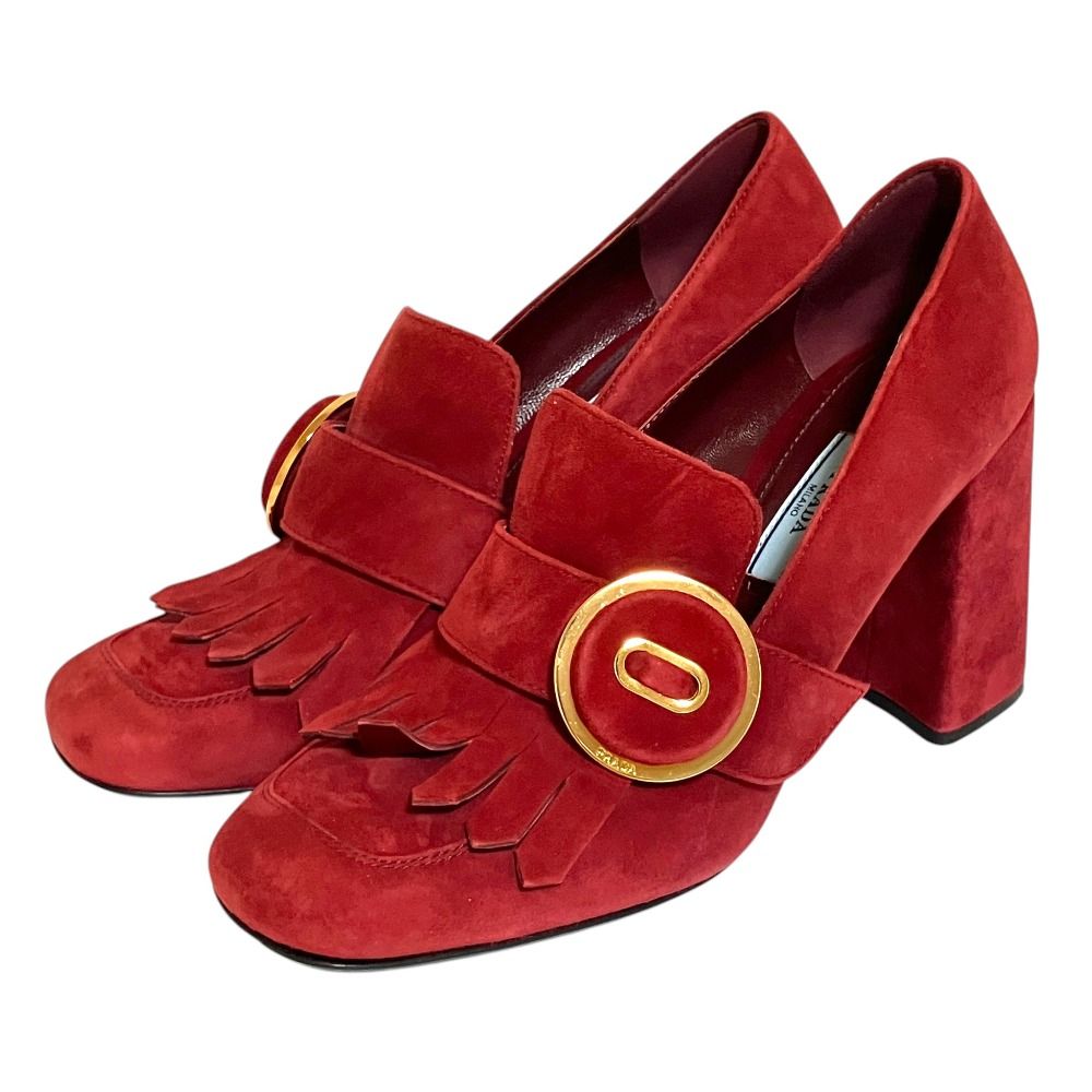 Prada Suede Leather Chunky Heel High Fringe Pumps
