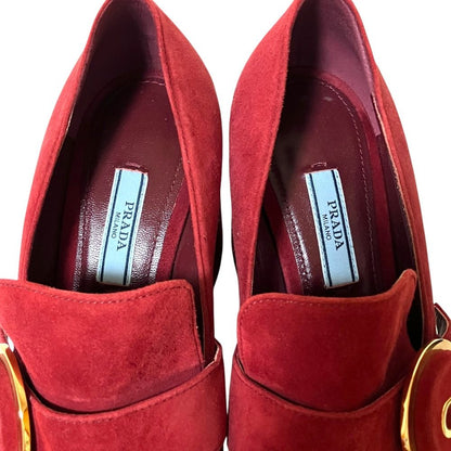 Prada Suede Leather Chunky Heel High Fringe Pumps — view 6