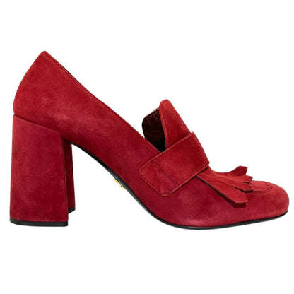 Prada Suede Leather Chunky Heel High Fringe Pumps — view 3