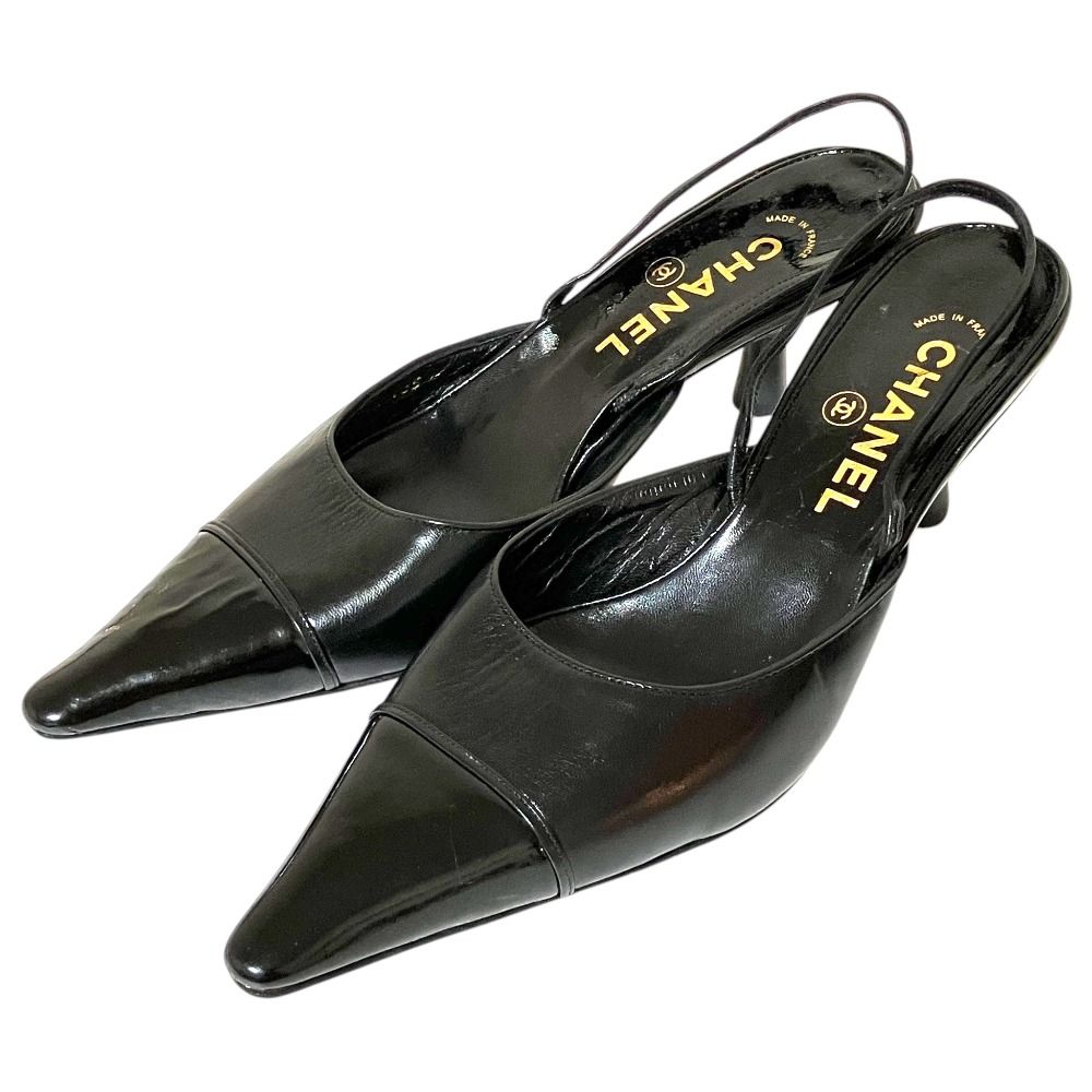 Chanel Vintage Slingback Pointed Toe Pumps Black Heel 36.5