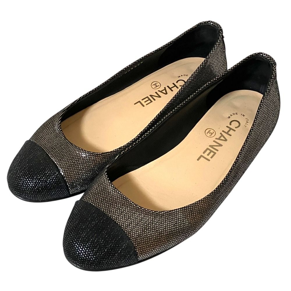 Chanel CC Logo Rhinestone Ballet Shoes Flat Pumps Silver 35.5