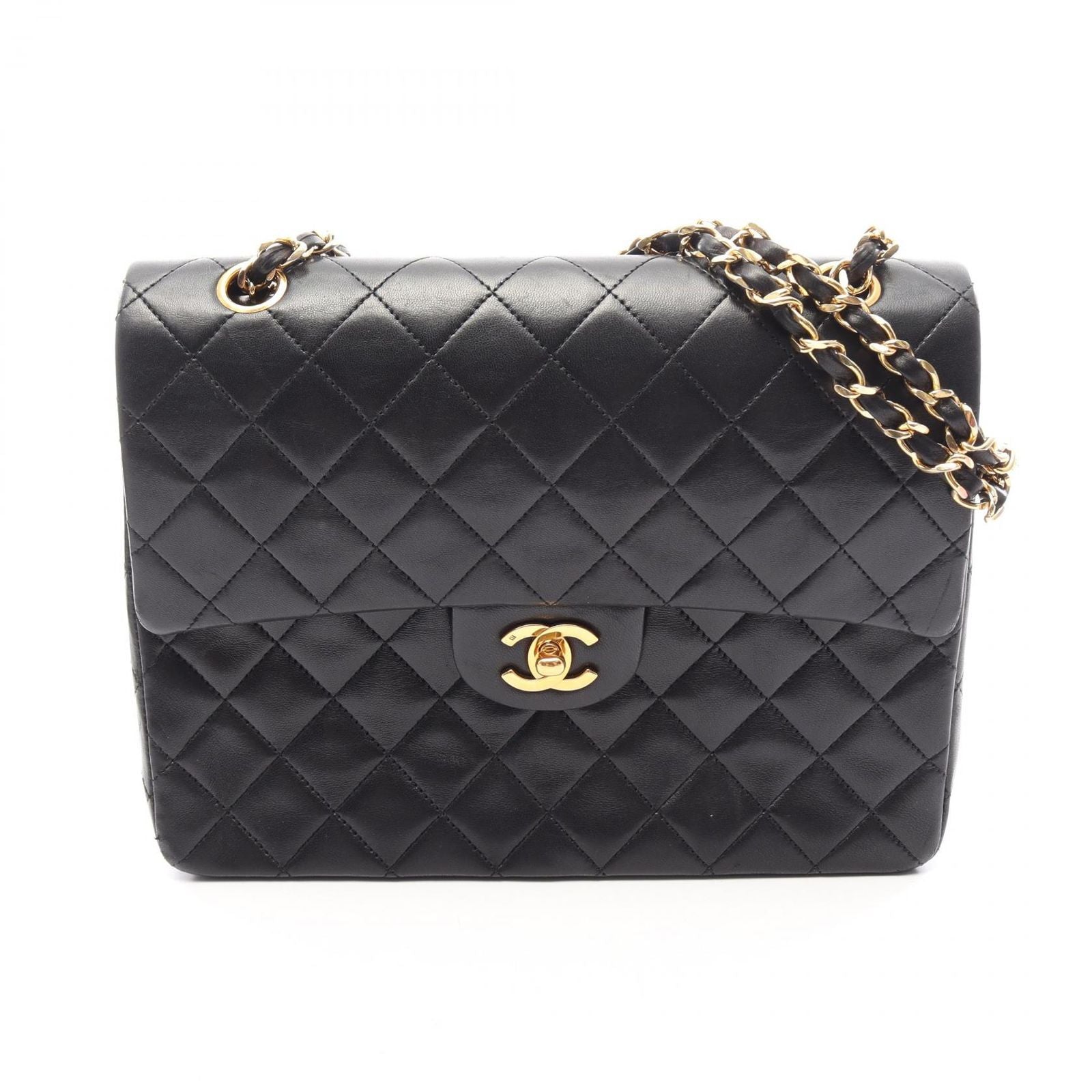 Chanel Shoulder Bag Quilted Double Flap Black Lambskin Chain