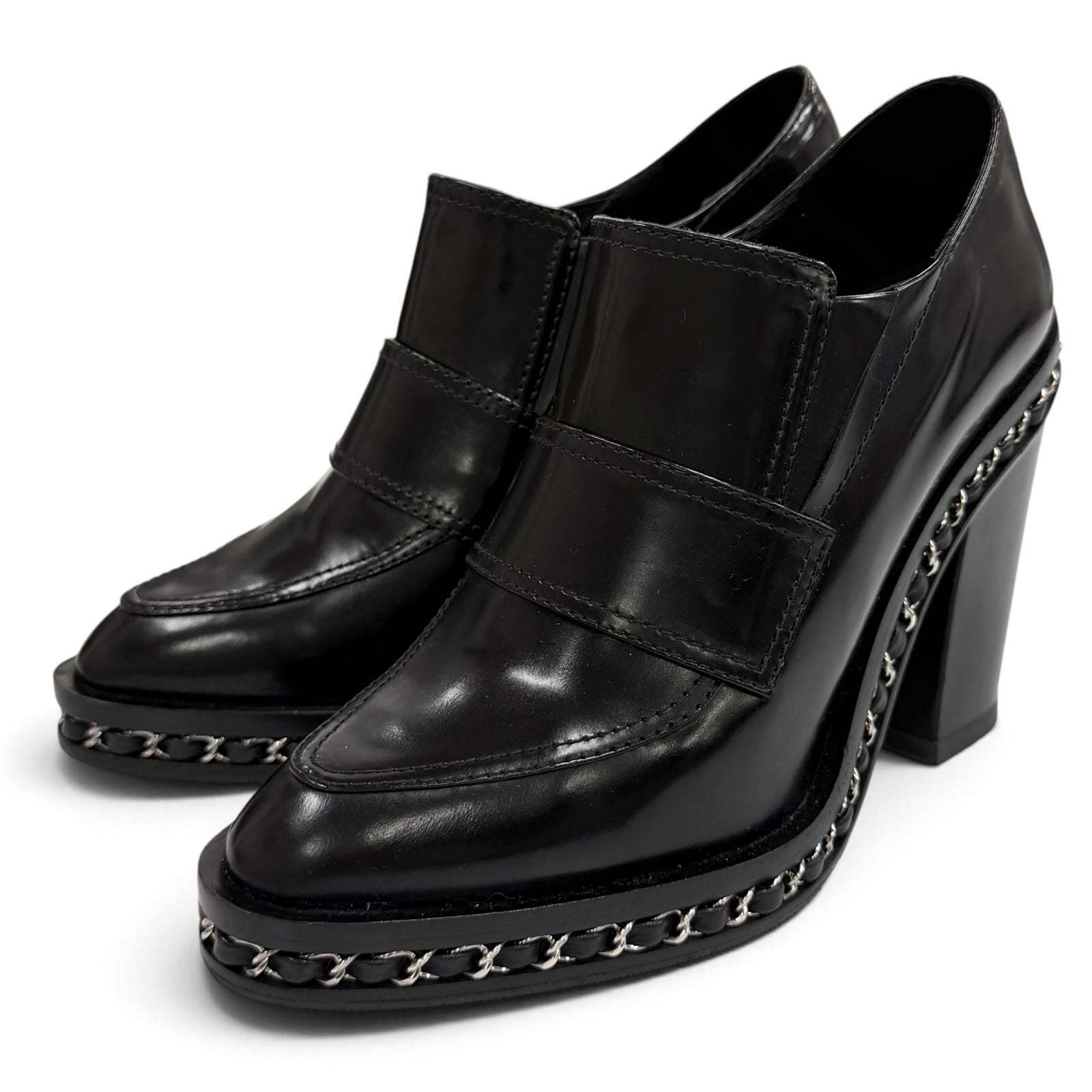 Chanel Leather Loafers Bootie with CC Logo Chain Black Silver Boot 36.5