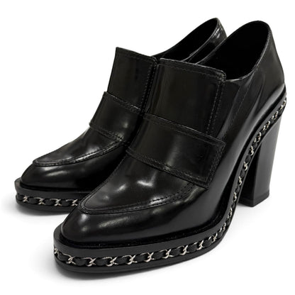 Chanel Leather Loafers Bootie with CC Logo Chain Black Silver Boot 36.5