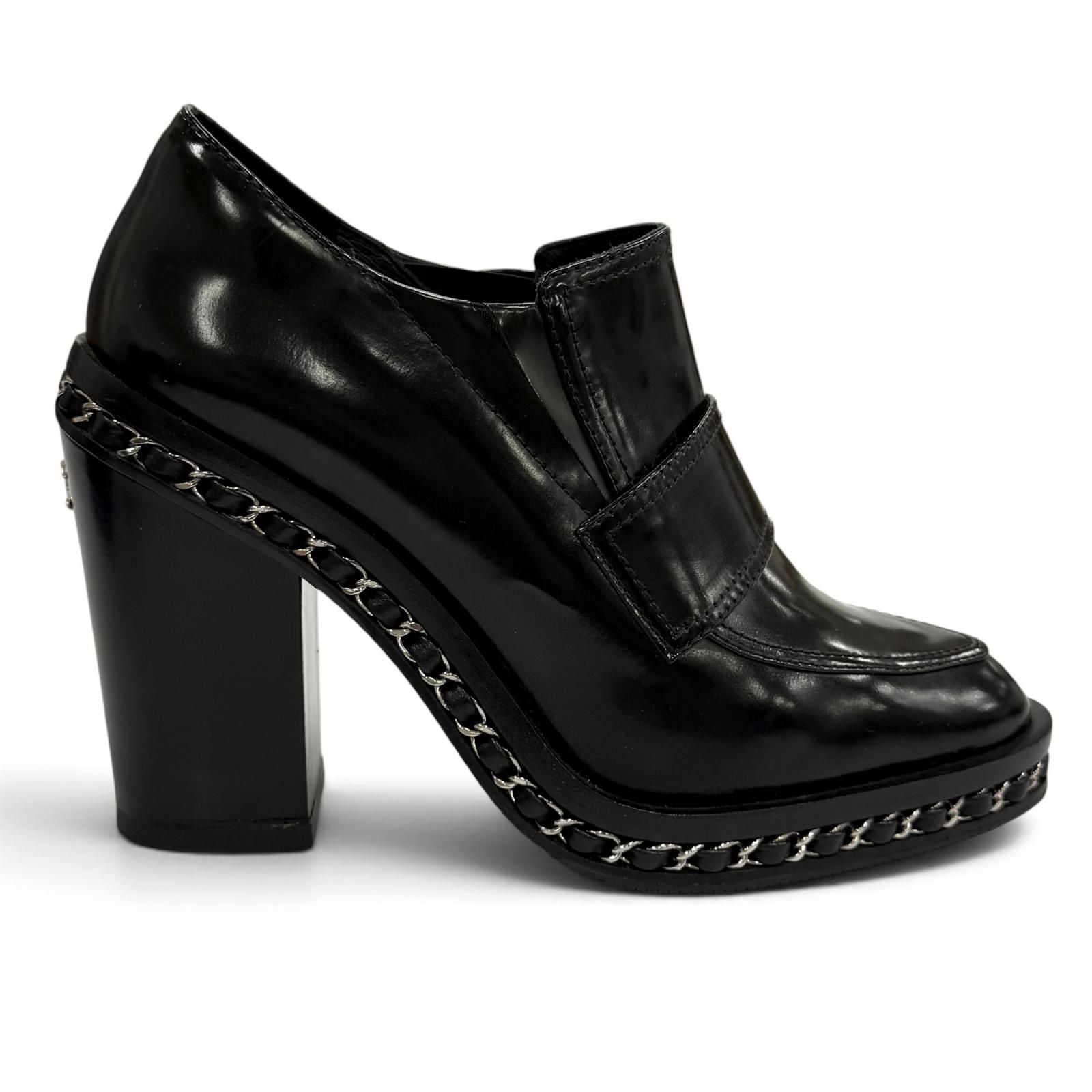 Chanel Leather Loafers Bootie with CC Logo Chain Black Silver Boot 36.5 — view 7