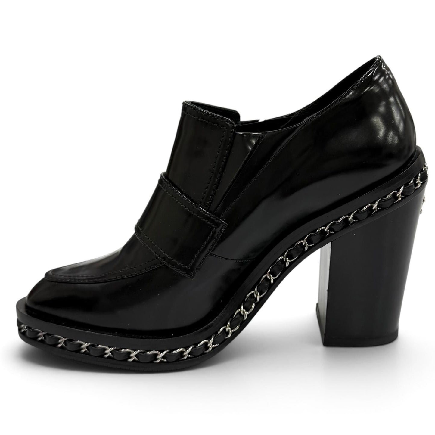 Chanel Leather Loafers Bootie with CC Logo Chain Black Silver Boot 36.5 — view 6