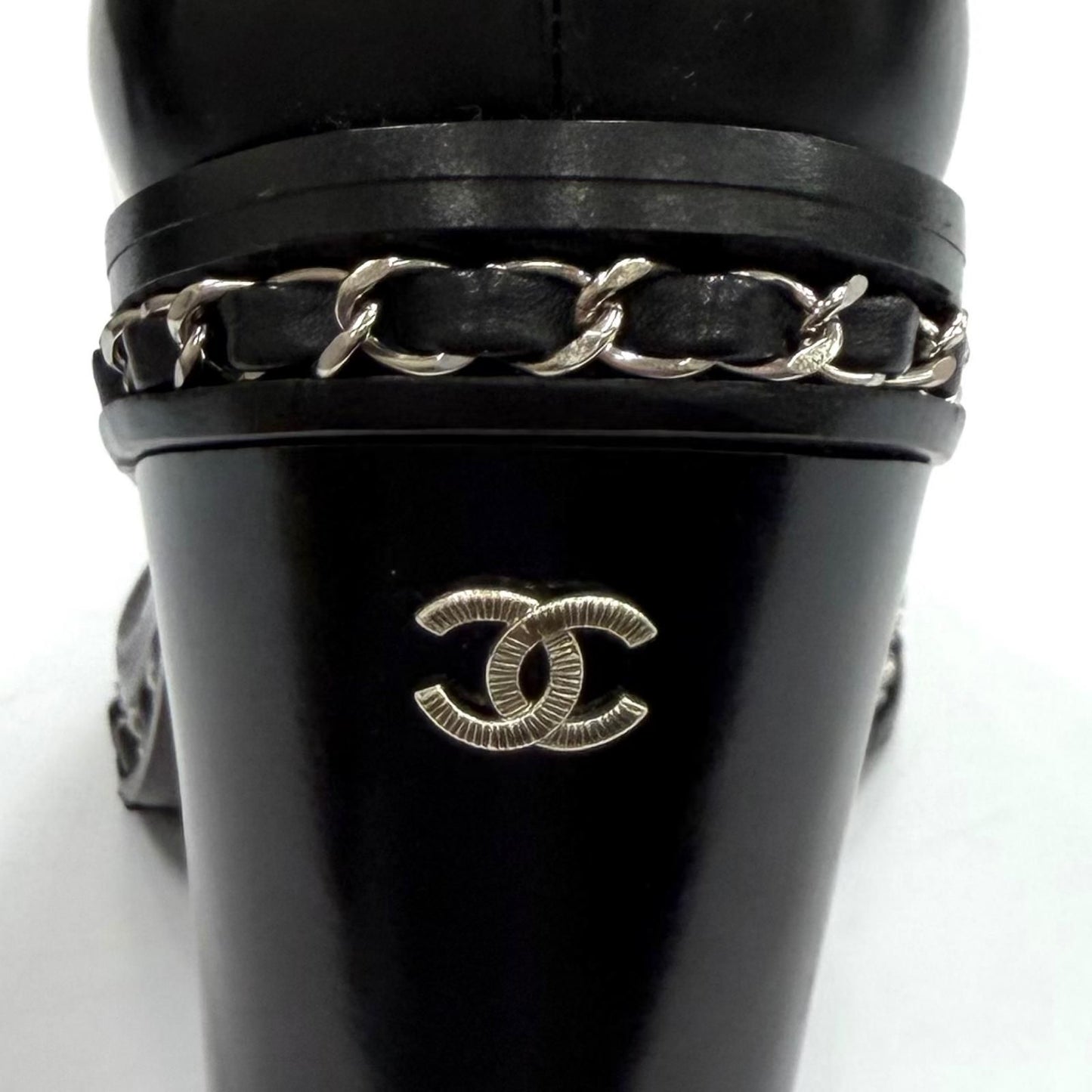 Chanel Leather Loafers Bootie with CC Logo Chain Black Silver Boot 36.5 — view 8