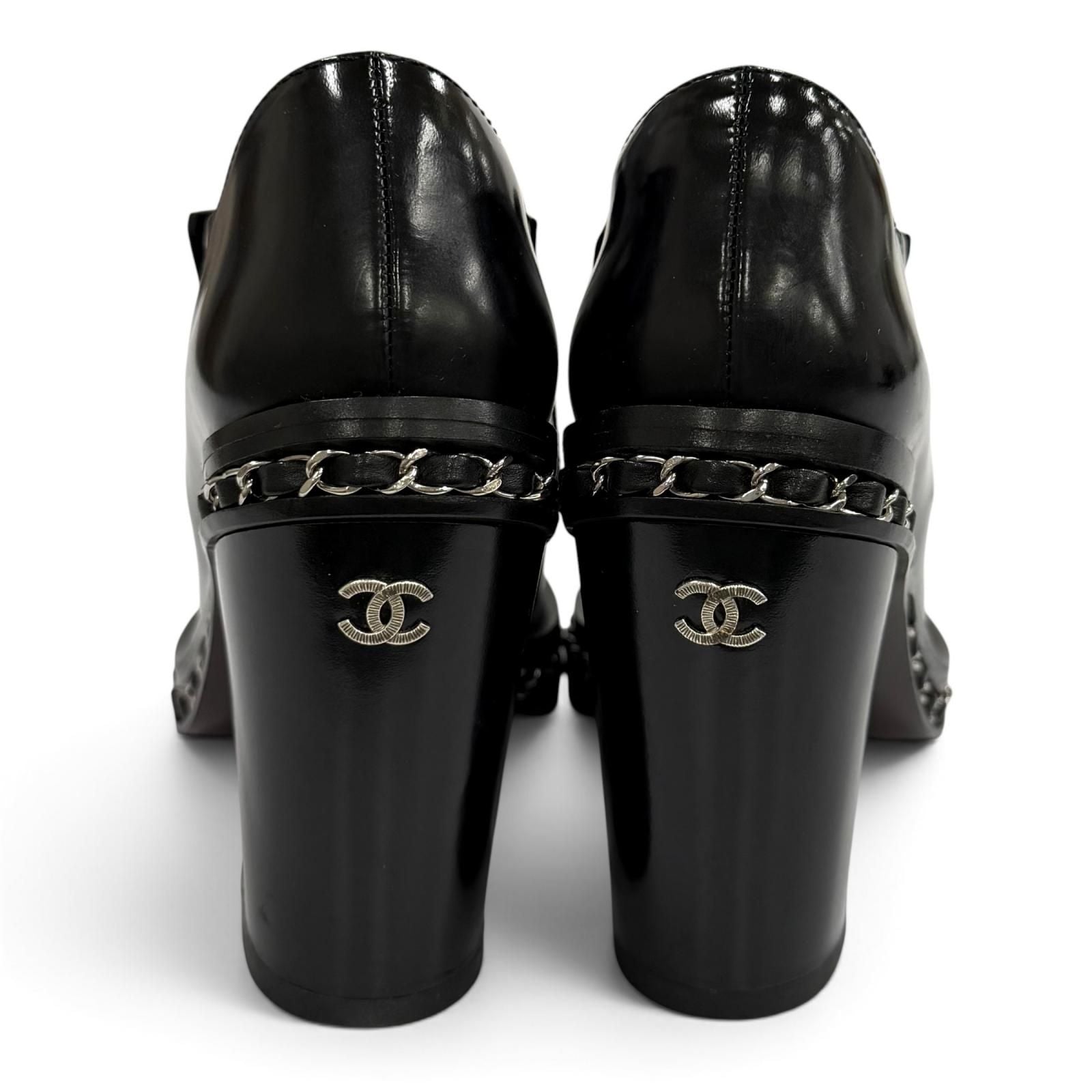 Chanel Leather Loafers Bootie with CC Logo Chain Black Silver Boot 36.5 — view 4