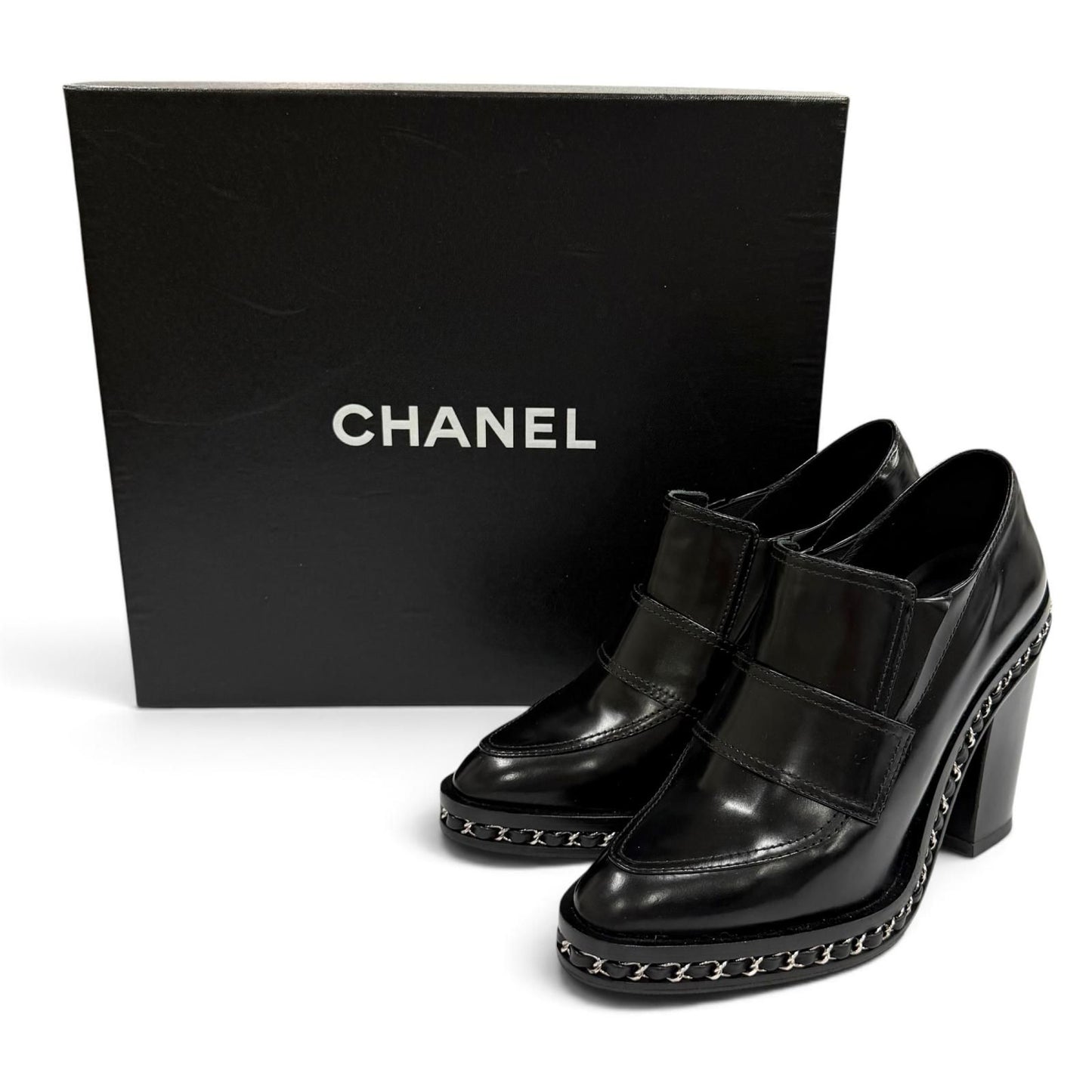 Chanel Leather Loafers Bootie with CC Logo Chain Black Silver Boot 36.5 — view 2
