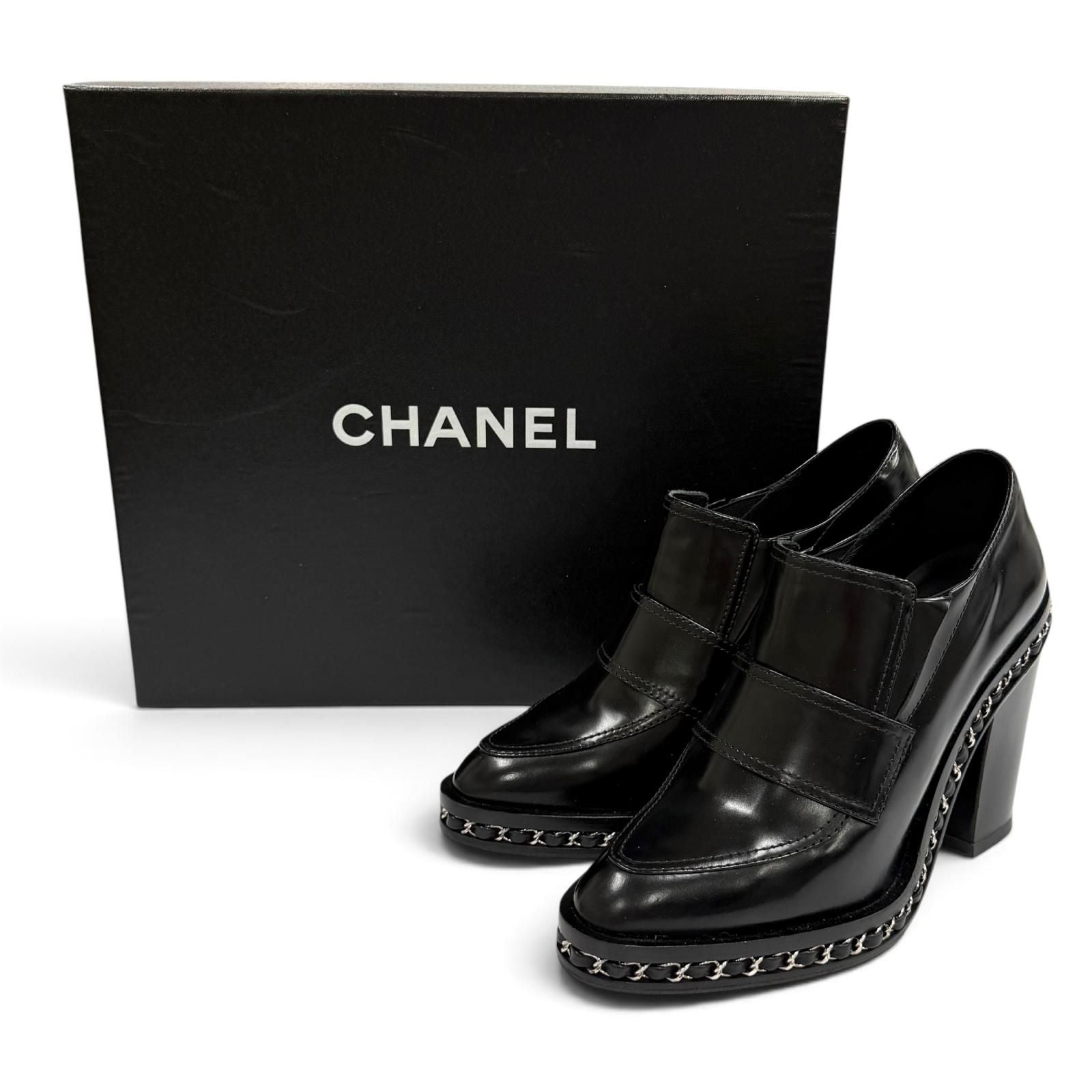 Chanel Leather Loafers Bootie with CC Logo Chain Black Silver Boot 36.5 — view 2