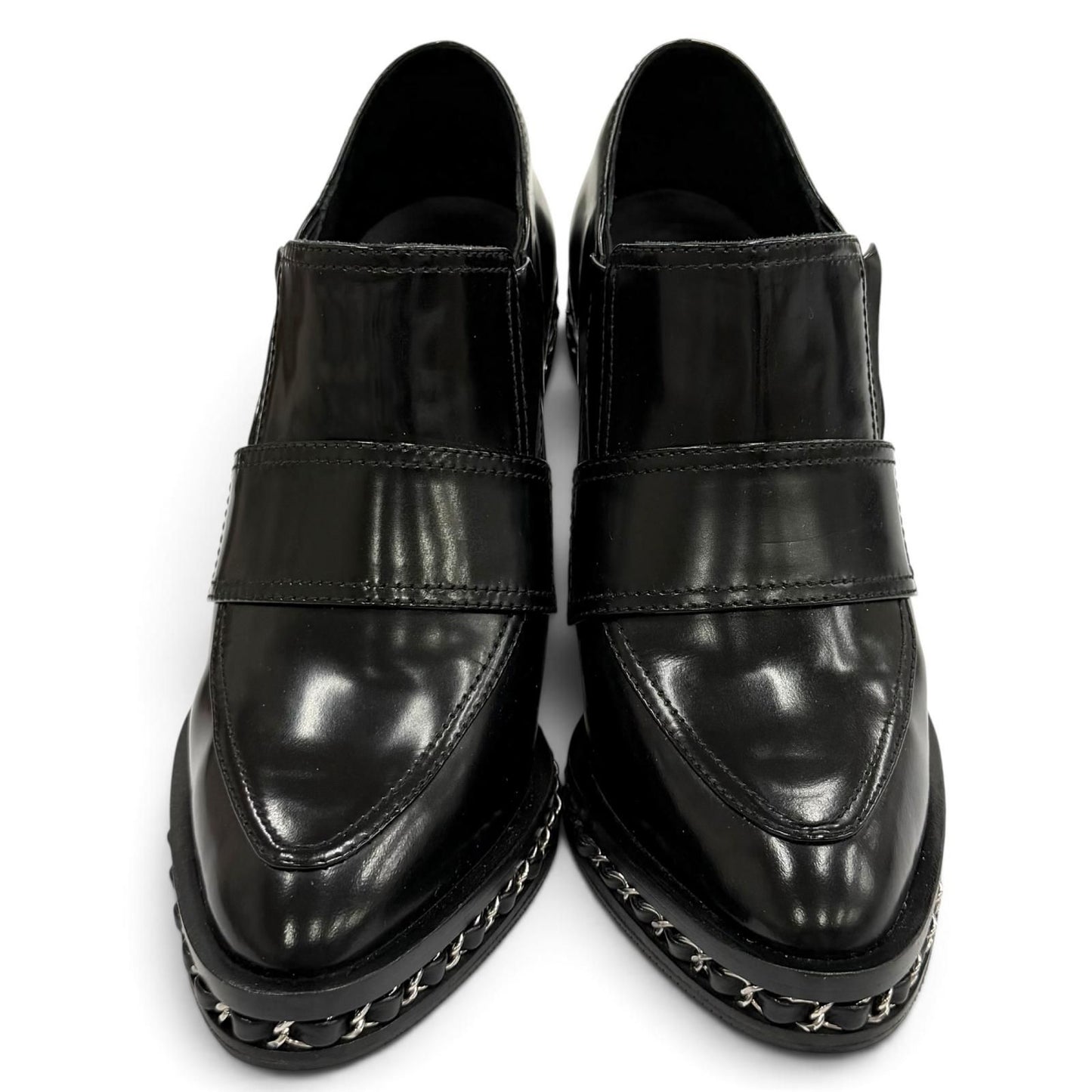 Chanel Leather Loafers Bootie with CC Logo Chain Black Silver Boot 36.5 — view 3