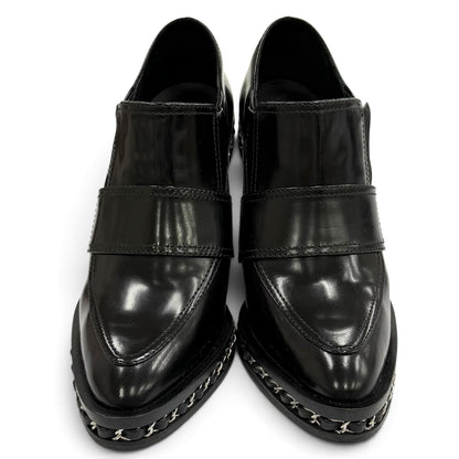 Chanel Leather Loafers Bootie with CC Logo Chain Black Silver Boot 36.5 — view 3