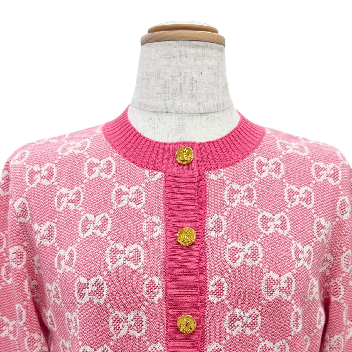 Gucci Wool Cotton GG Jacquard Anchor Gold Button Cardigan Pink XS — view 2