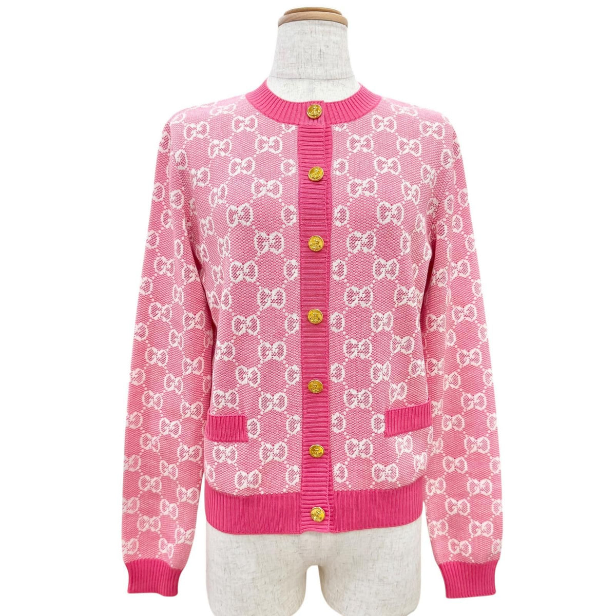 Gucci Wool Cotton GG Jacquard Anchor Gold Button Cardigan Pink XS