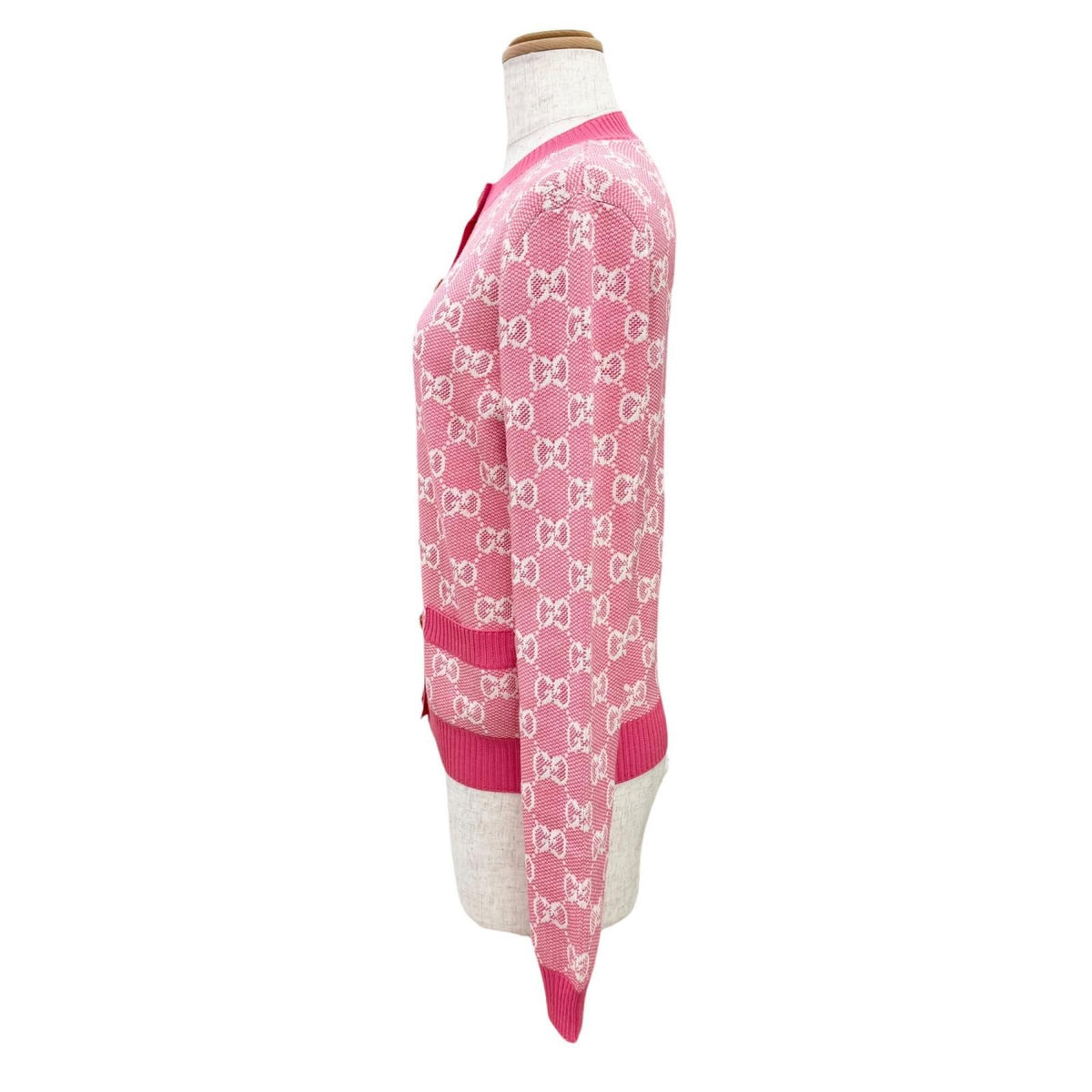 Gucci Wool Cotton GG Jacquard Anchor Gold Button Cardigan Pink XS — view 3
