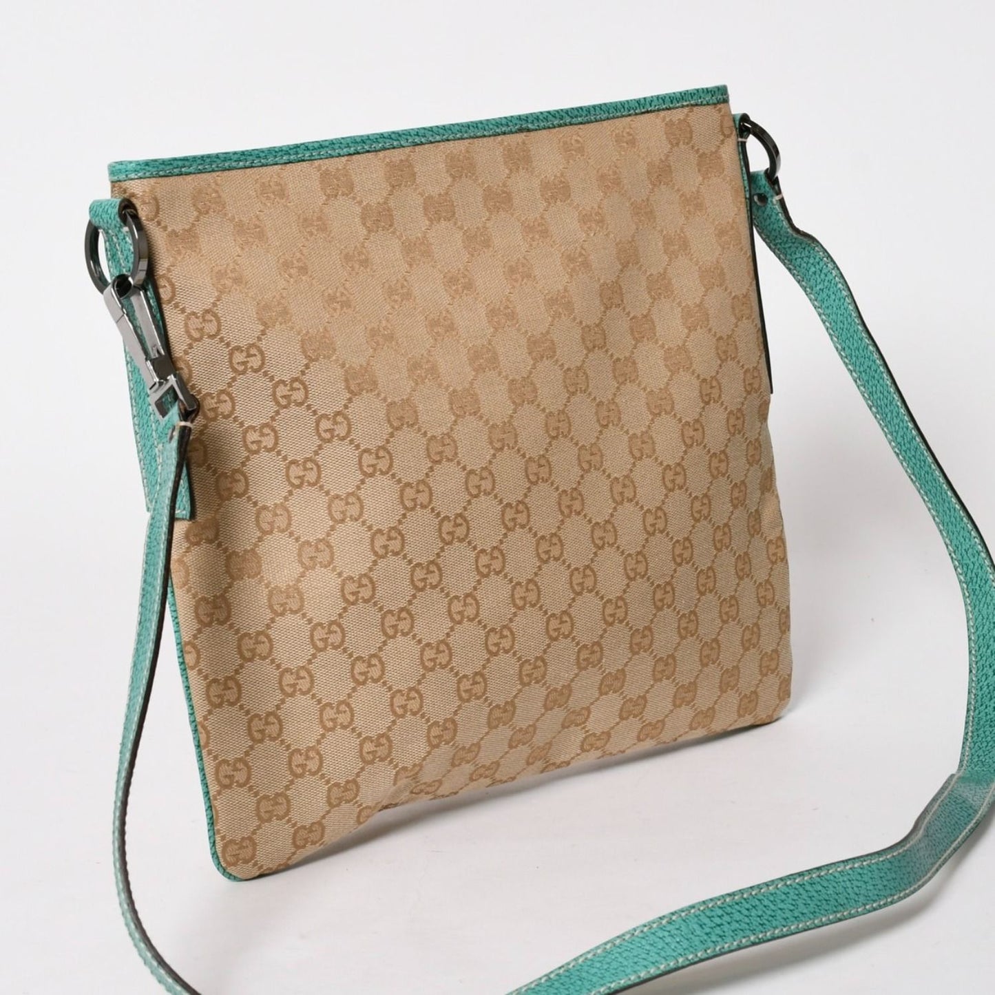 Gucci Square Shape Messenger Bag GG Pattern Beige Turquoise Blue Black Metal — view 3